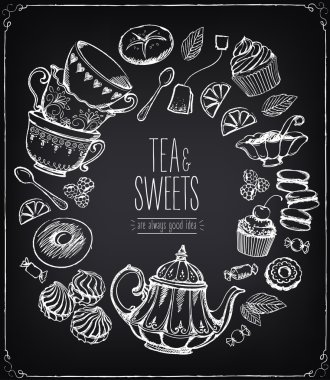 Çay töreni vektör llustration. Çay saati. Çay ve tatlılar kümesi