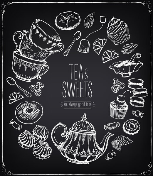 Векторная люстрация чайной церемонии. Пора пить чай. Чай и набор сладостей
