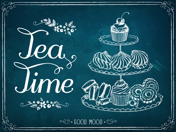 Ilustración retro Tiempo para el té con pasteles dulces y cupcakes — Archivo Imágenes Vectoriales