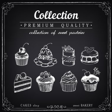 Çizilmiş vektör simgeler hamur işleri kümesi. Cupcakes topluluğu