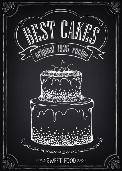 大きなケーキとベーカリー ヴィンテージポスターフリーハンドでの描画 — ストックベクタ
