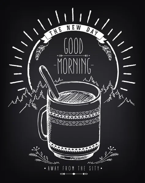 Manifesto vintage positivo con alba e tazza. Titolo Buongiorno — Vettoriale Stock