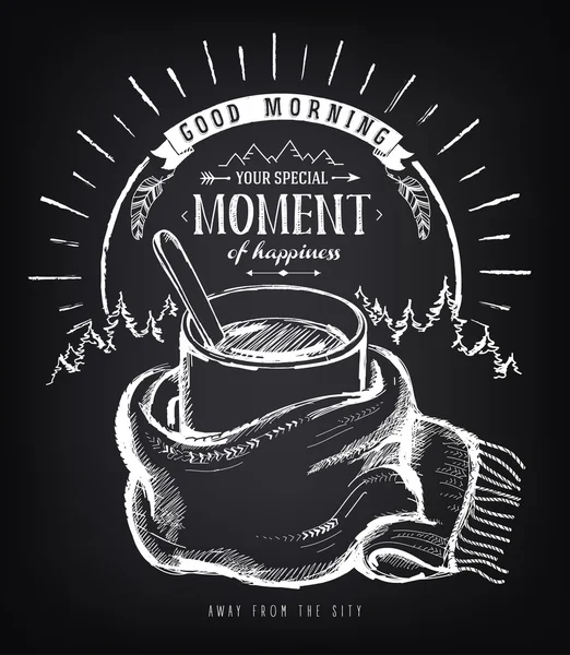 Cartel vintage Buenos días con gran taza de café. Bosque. Amanecer . — Vector de stock