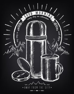 Seyahat ilham VINTAGE poster termos ve çay ile pusula. Orman. Sunrise.