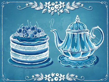 Çaydanlık ve meyve pasta ile Retro illüstrasyon çay saati. Çerçeve çiçek
