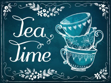 Çay partisine davet. Retro illüstrasyon çay saati şirin cups ile