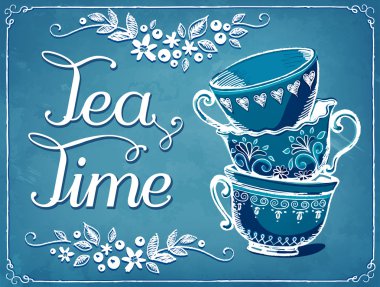 Çay partisine davet. Retro illüstrasyon çay saati şirin cups ile