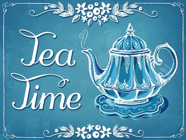 Illustrazione retrò Tea Time con teiera e cornice floreale — Vettoriale Stock