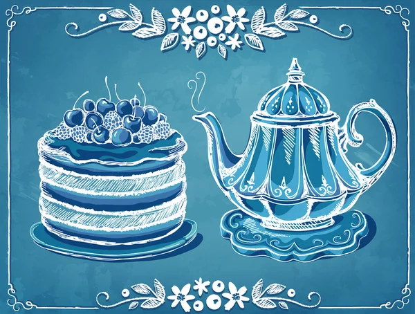 Ilustração retro Tea Time com bule e bolo de baga. Moldura floral — Vetor de Stock