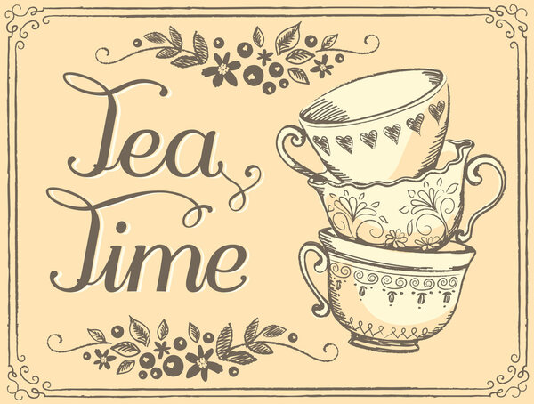 Illustration Tea Time with cute cups. Freehand drawing. Sketch