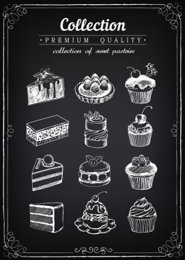 Set of hand-drawn vector icons pastries. Collection of cupcakes.