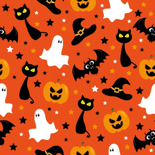 Halloween Seamless Pattern Design Ghost Bat Pumpkin Witch Hat Black — Stock Vector