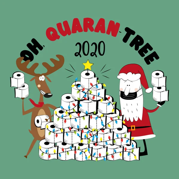 Quarant Tree 2020 Funny Reindeer Dan Santa Claus Pohon Natal - Stok Vektor