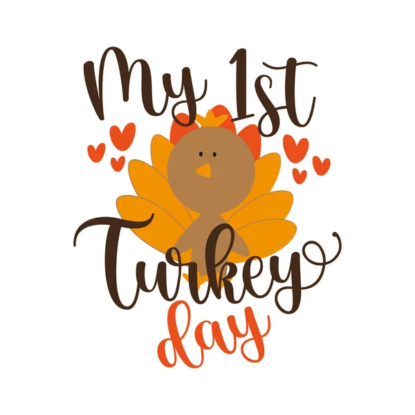 First Turkey Day Groet Voor Thanksgiving Met Schattige Kalkoen Vogel — Stockvector