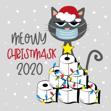 Miyavlı Noel maskesi 2020 - Yüz maskeli kedi ve tuvalet kağıdı Noel ağacı. Covid-19 salgınında Noel için komik bir tebrik kartı.. 