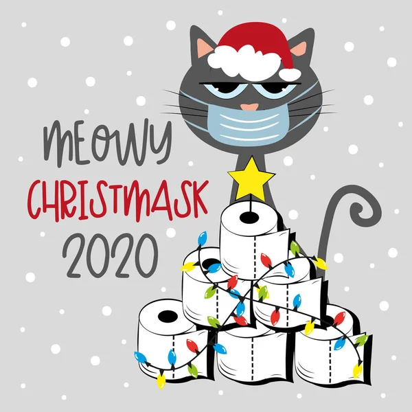 Meowy Christmask 2020 - Cat in face mask and Toilet paper Christmas tree. Funny greeting card for Christmas in covid-19 pandemic self isolated period. — Stock Illustration Meowy Christmask 2020 Cat Face Mask Toilet Paper Christmas Tree Vector Graphics