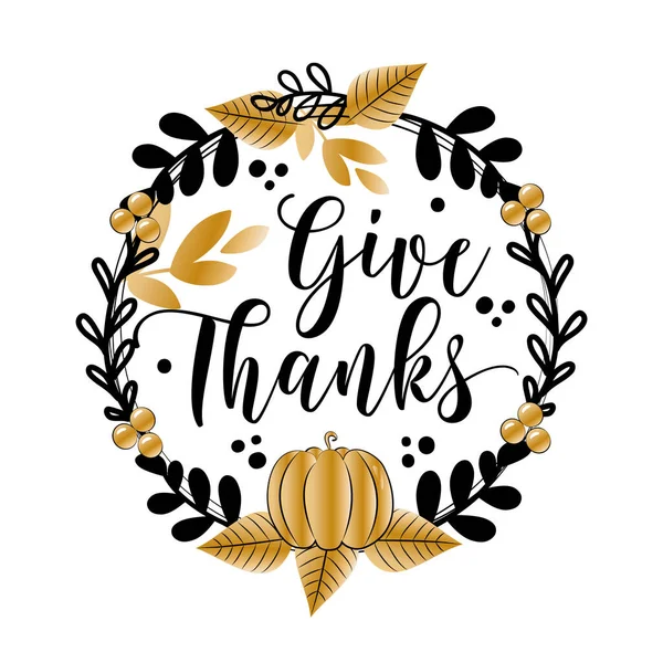 Give Thanks Groet Pompoen Bladkrans Uitnodiging Feestelijke Wenskaart Sjabloon Decoratie — Stockvector