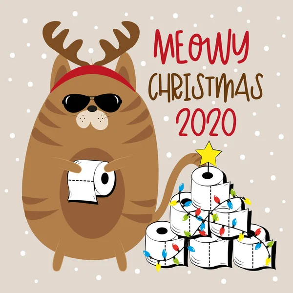 Meowy Christmas 2020 - Cat in antler and Toilet paper Christmas tree. Funny greeting card for Christmas in covid-19 pandemic self isolated period. — Stock Illustration Meowy Christmas 2020 Cat Antler Toilet Paper Christmas Tree Funny Stock Illustration