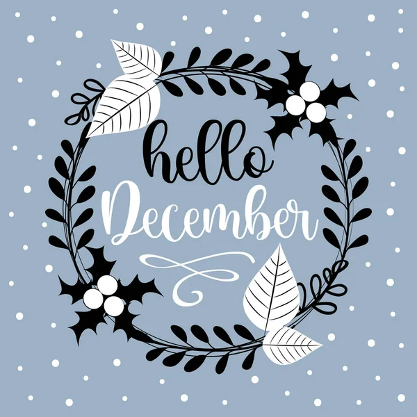 Γεια Σας Δεκέμβριος Στεφάνι Φύλλα Και Γκι Μπλε Χιονισμένο Φόντο — Διανυσματικό Αρχείο