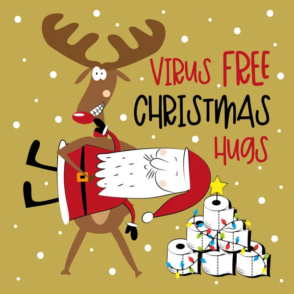 ウイルス無料のクリスマスの抱擁 Covid 19パンデミック自己分離期間中のクリスマスのための面白い挨拶カード — ストックベクタ