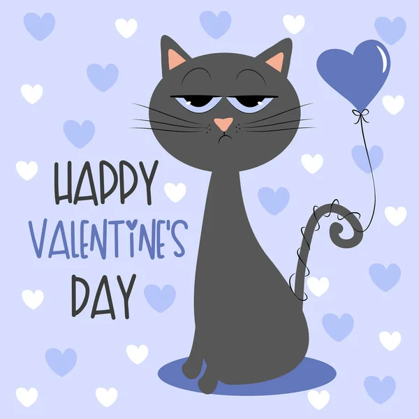 Dia Dos Namorados Feliz Gato Entediado Bonito Com Balão Corações —  Vetores de Stock