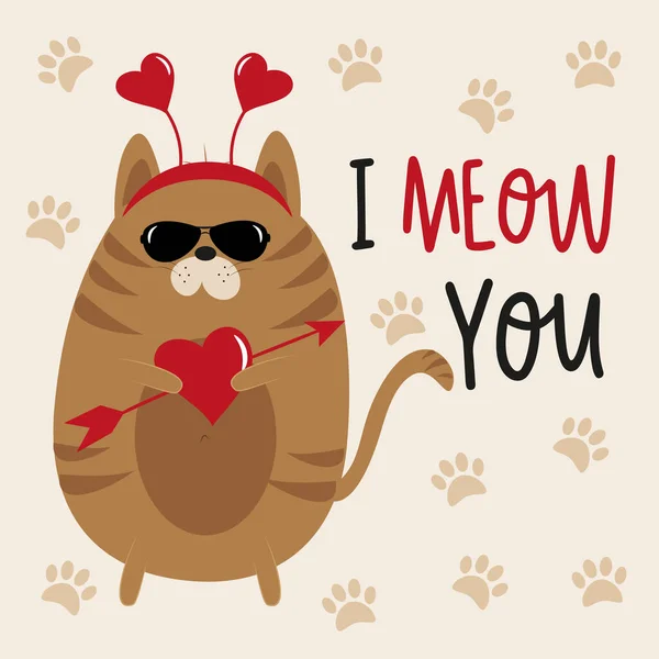 Meow You Gato Divertido Con Corazón Ilustración Vectorial Dibujada Mano — Archivo Imágenes Vectoriales