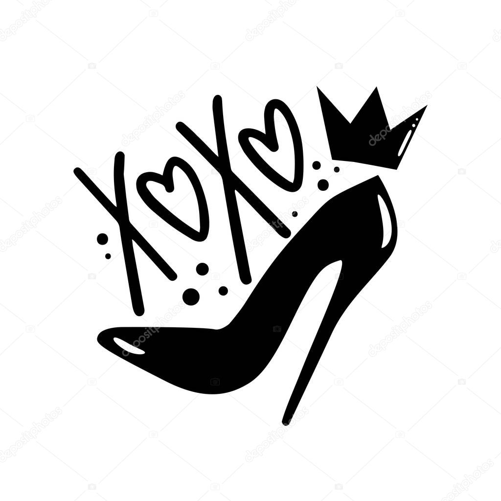 Xoxo - high heel shoe and crown vector illustation for women. Good for T shirt print, poster, card, label mug and gifts design.