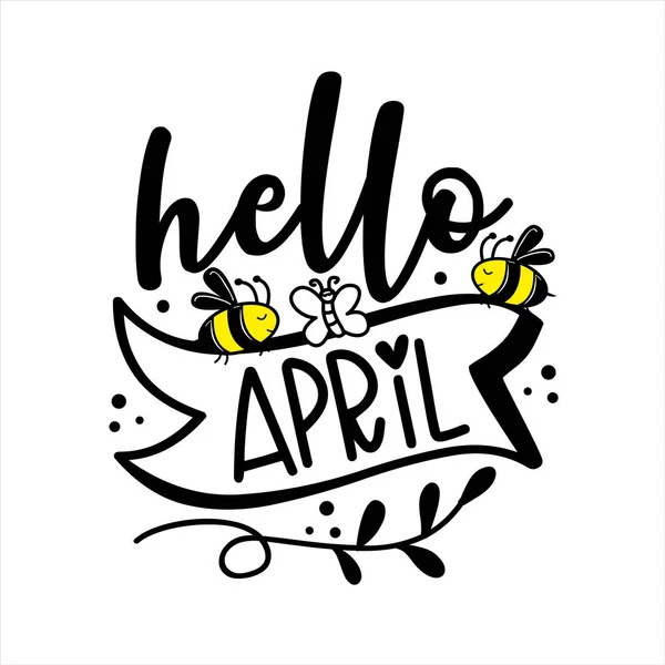 Hello April Boldog Tavaszi Üdvözlést Aranyos Méhek Pillangó Lakásdekoráció Üdvözlőlap — Stock Vector