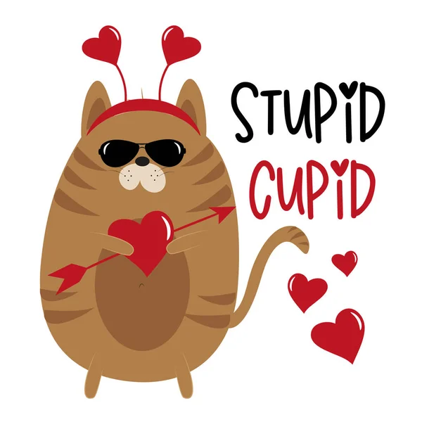 Stupido Cupido Frase Divertente Con Gatto Cupido Buono Stampa Magliette — Vettoriale Stock