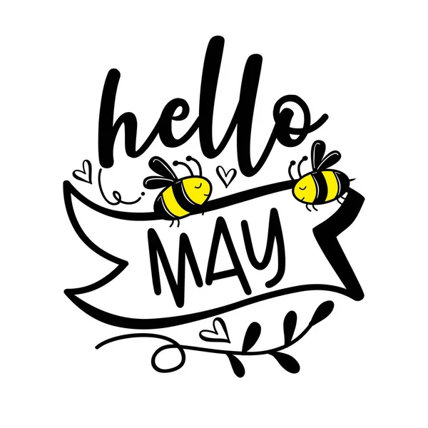 Hello May Boldog Tavaszi Üdvözlést Aranyos Méhekkel Szívekkel Lakásdekoráció Üdvözlőlap — Stock Vector