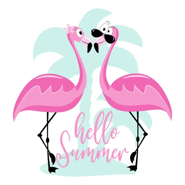 Hallo Sommer Lustige Flamingos Mit Palme Gut Für Grußkarten Poster — Stockvektor