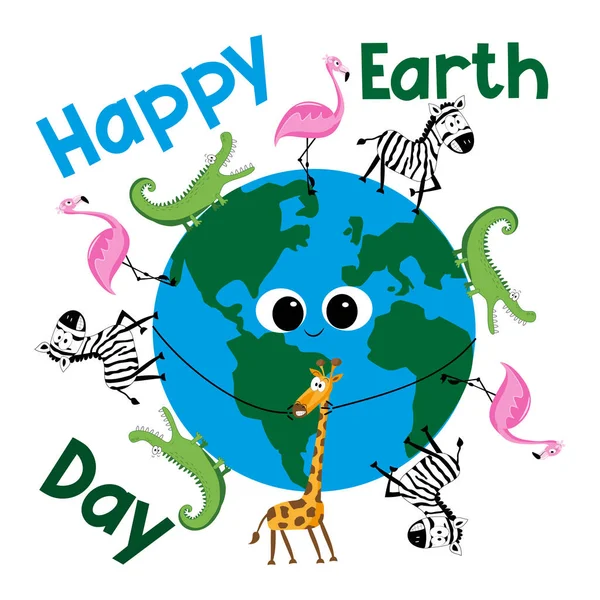 Happy Earth Day Carino Pianeta Terra Con Gli Animali Salva — Vettoriale Stock