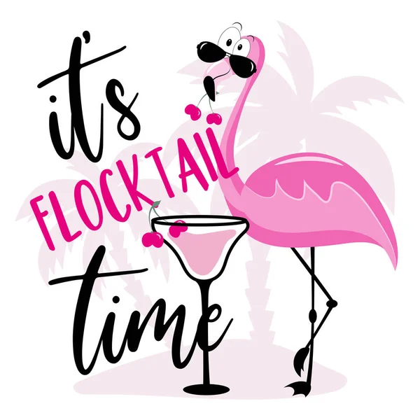 Flocktail Time Zabawny Letni Slogan Flamingiem Kieliszkiem Koktajlowym Nadaje Się — Wektor stockowy