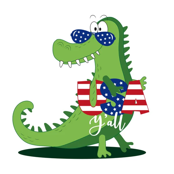 Usa Divertente Alligatore Dei Cartoni Animati Happy Independence Day Illustrazione — Vettoriale Stock