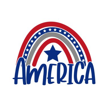 Gökkuşağı ve yıldızlı Amerika tipografisi. Bağımsızlık Gününüz kutlu olsun, tasarım çizimi. Reklam, poster, duyuru, davetiye, parti, tişört baskısı, poster, afiş.