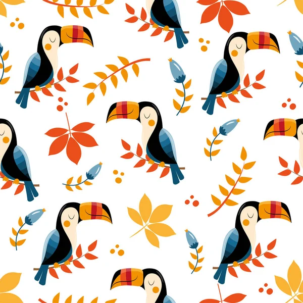 Autumnal Seamless Pattern Toucan Birds Autumn Leaves Good Textile Print — Archivo Imágenes Vectoriales