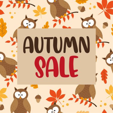 Sonbahar Satışı - Baykuş ve sonbahar yaprakları Web afişi, reklam, broşür, indirim promosyonu, şablon tasarımı.