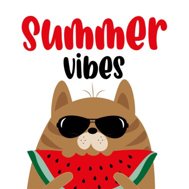 Summer Vibes - güzel kedi ve karpuz dilimi. Tişört baskısı, poster, kart, seyahat seti ve hediye tasarımı için iyidir..