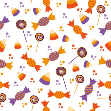 Cadılar Bayramı için şekersiz şeker, mısır şekeri, lolipop ve beyaz arka planda şekerleme. Ambalaj kağıdı, tekstil baskısı, duvar kağıdı, poster, kart veya dekorasyon için iyidir..