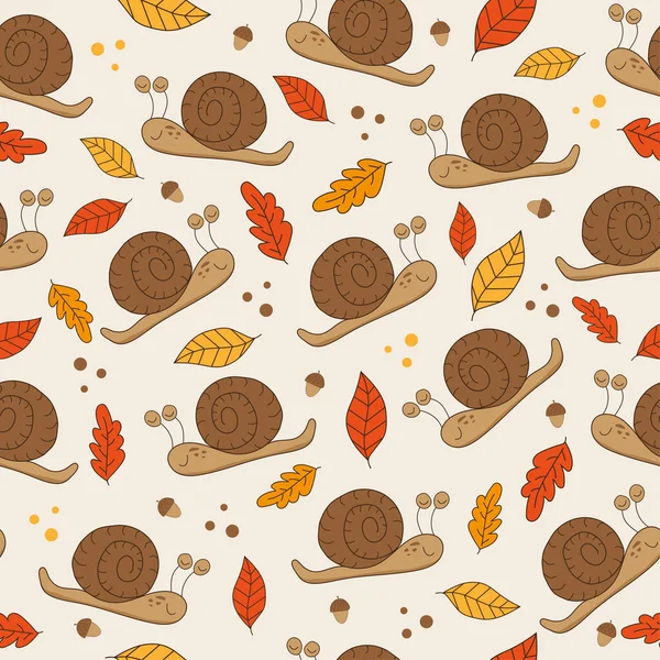 Autumnal Seamless Pattern Snail Acorn Autumn Leaves Good Textile Print — Stock Vector