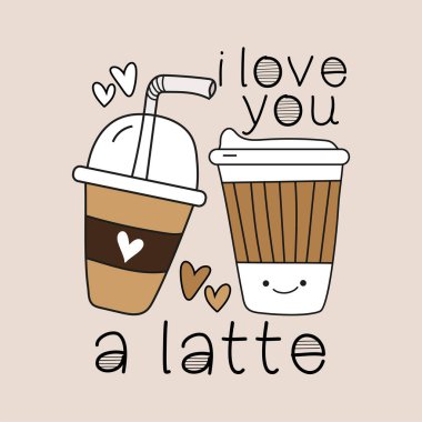 Kahveye bayılırım. Sevimli, gülümseyen bir el. Kupalı, bej arka planda kahve fincanları.. 