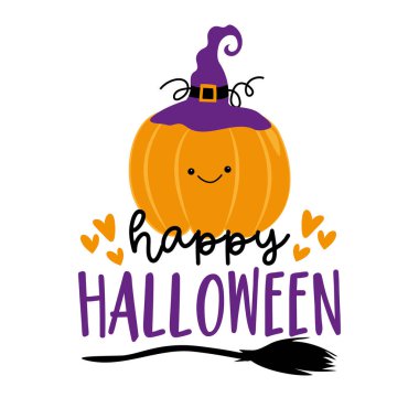 Cadılar Bayramın kutlu olsun. Cadı şapkalı ve süpürgeli tatlı bir balkabağı. Tişört baskısı, poster, kart, parti davetiyesi, etiket ve diğer dekorasyonlar için iyi.