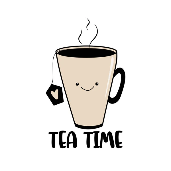 Heure Thé Tasse Thé Smiley Mignon Illustration Vectorielle Dessinée Main — Image vectorielle