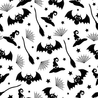 Witch hat, bat, spider web, and broom hand drawn seamless pattern in doodle style on white background for Halloween vector Witch hat, bat, spider web, and broom hand drawn seamless pattern in doodle style on white background for Halloween vector
