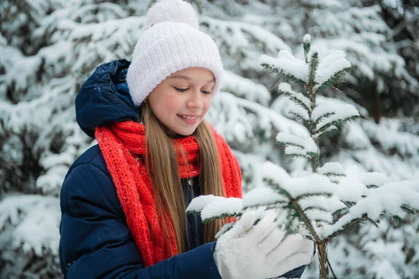 한 아름다운 여학생 이 시골 집에서 휴가를 보내며 꽃받침 과 소나무와 눈을 가지고 겨울 숲을 거닐고 있다. — 스톡 사진