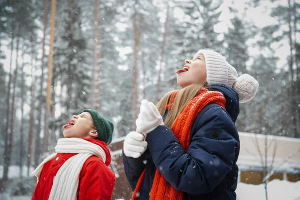 Школьник и школьница наслаждаются рождественскими каникулами, гуляют во время снегопада и ловят падающие снежинки во рту.. — стоковое фото