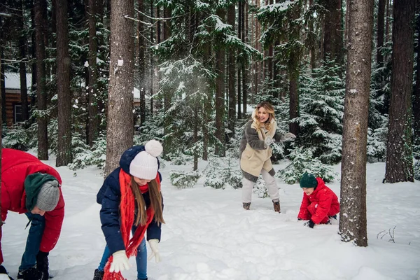 Большая семья гуляет в лесу зимой и бросает снежки друг в друга — стоковое фото