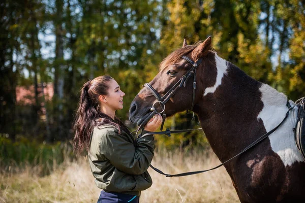 Tender communication between a rider and her horse before a riding lesson