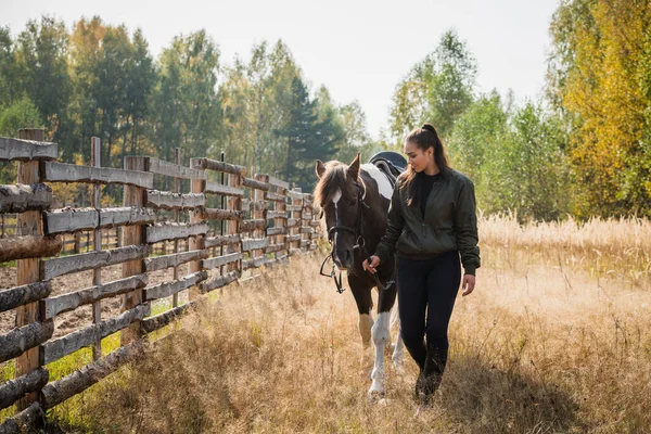 Genç bir at ve binicisi bir kız bir sonbahar günü çitin kenarında birlikte yürüyorlar.