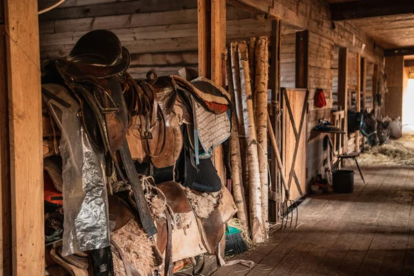 Selle in pelle, coperte morbide, staffe in acciaio e altre attrezzature per equitazione nella stalla di legno del ranch — Foto Stock